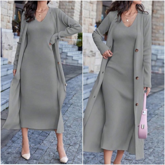 Classic Sleeveless Midi Dress Button Down Long Cardigan Set - Picture 6 of 7